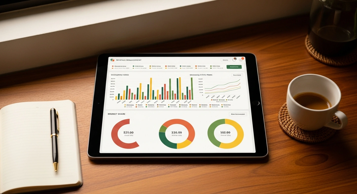 Hotel revenue management AI dashboard on a tablet showing occupancy charts and pricing data