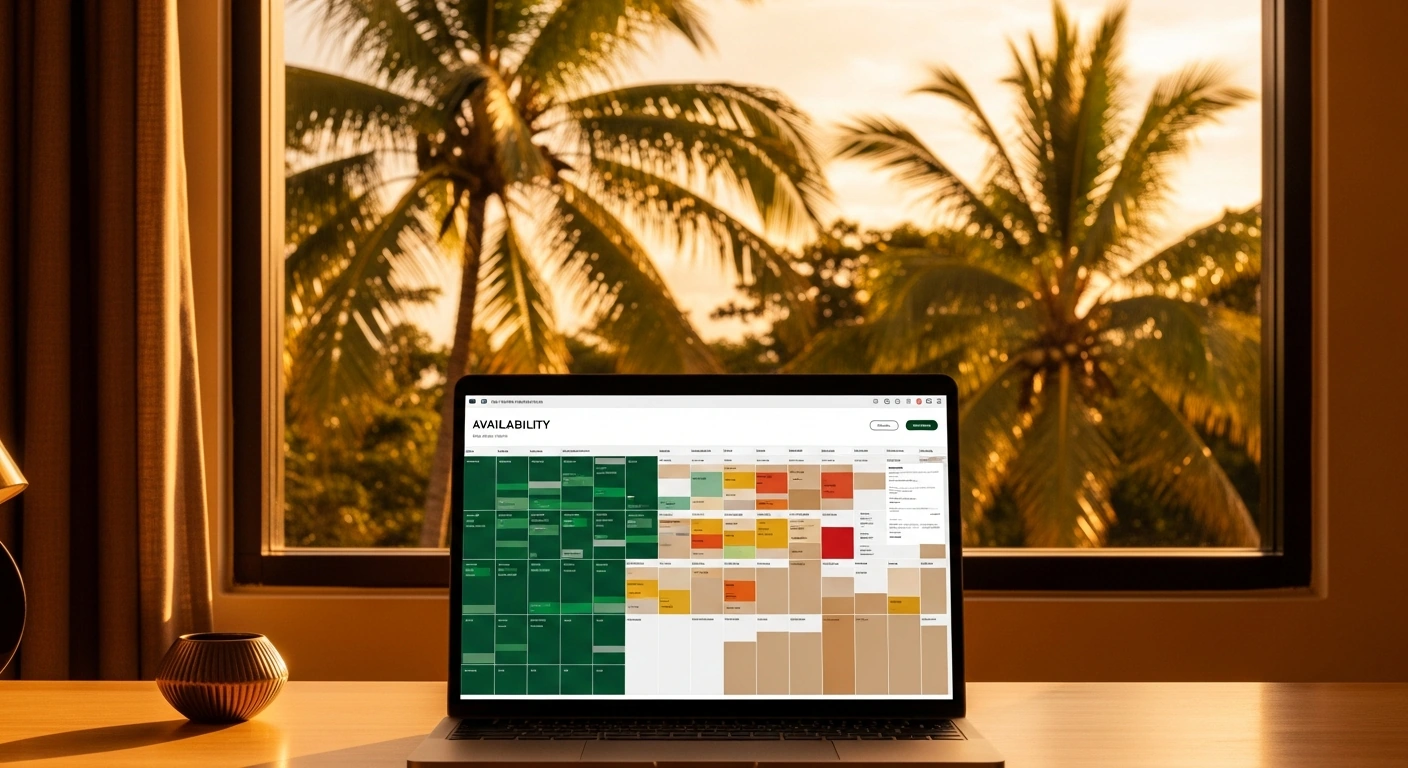 Laptop showing hotel booking platform distribution channels with tropical view through window