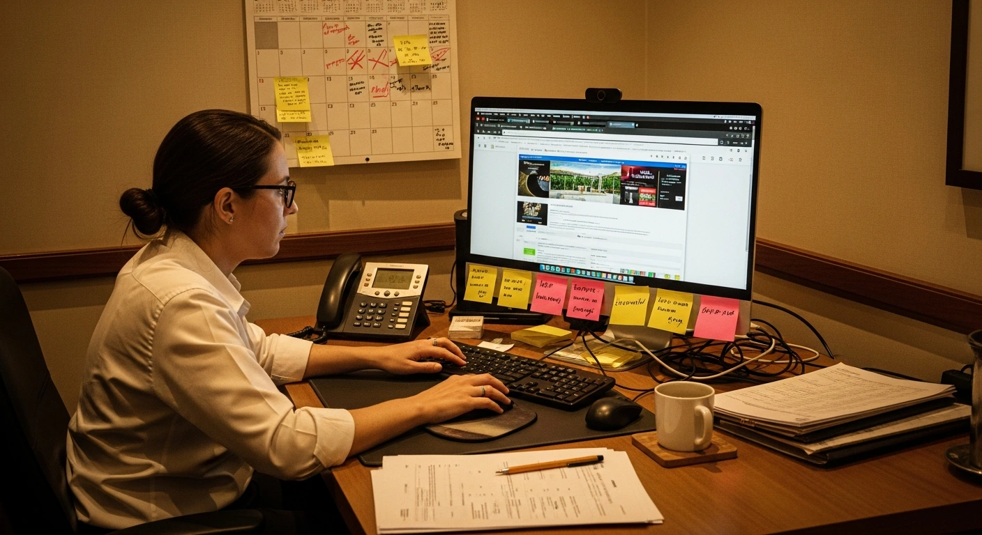 Hotel manager manually updating multiple booking platforms on a desktop computer in a back office