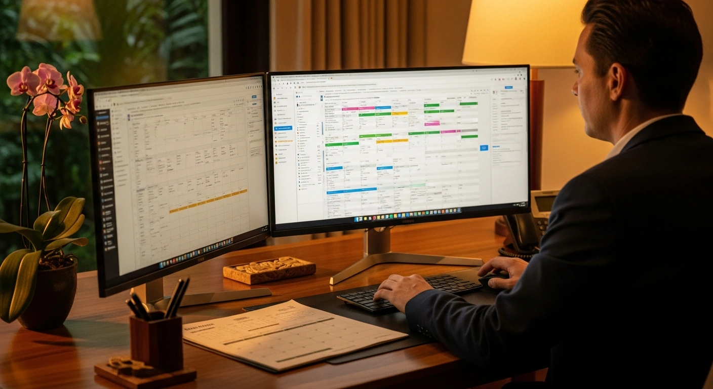 Hotel revenue manager comparing rate listings across multiple browser tabs on a large monitor