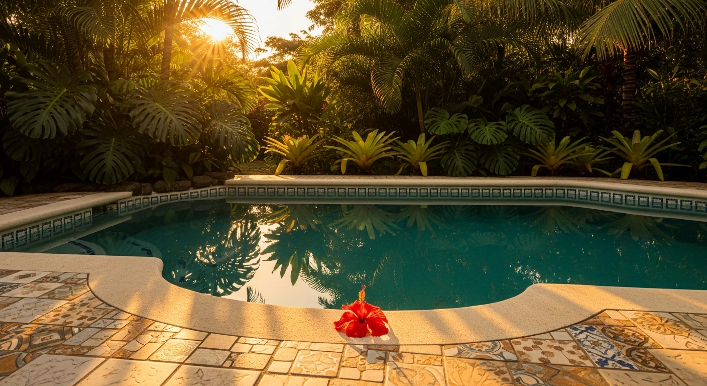 Intimate boutique hotel pool at golden hour surrounded by tropical landscaping and ceramic details