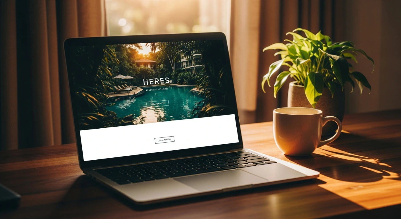 Beautifully designed hotel email newsletter displayed on a laptop in a warm home office