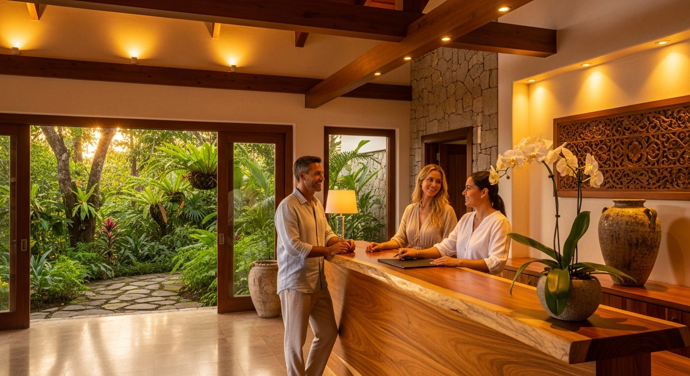 Two hotel guests checking in at a boutique hotel reception with warm lighting and tropical garden view