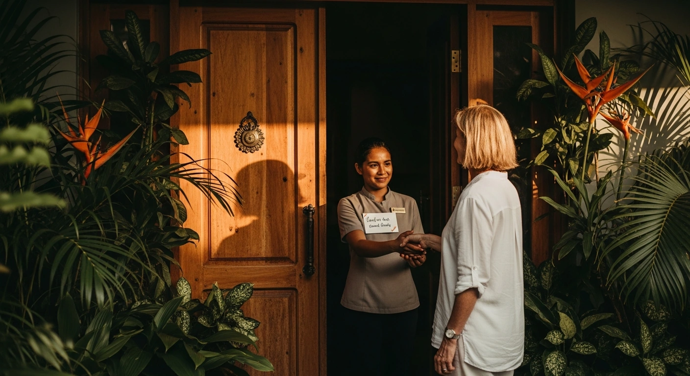 Repeat hotel guest being warmly greeted by staff at a boutique hotel entrance in tropical surroundings